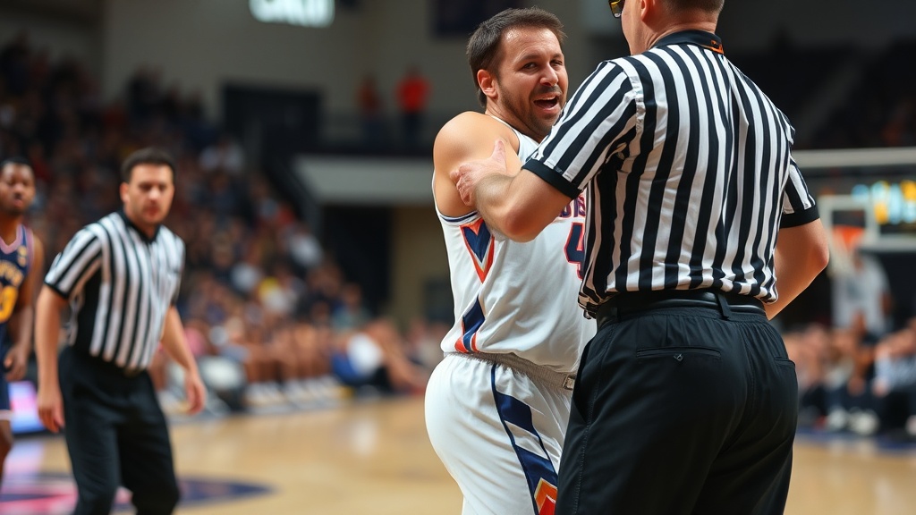선수 간 신체 접촉으로 인한 파울 장면과 심판의 신호