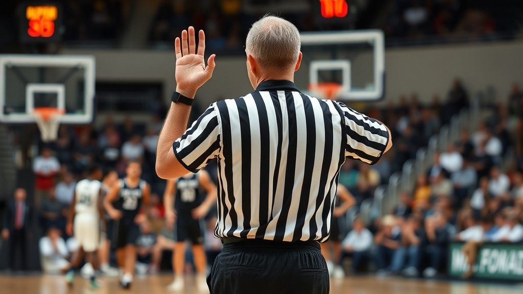 농구 경기 중 심판의 판정 신호 동작을 보여주는 장면